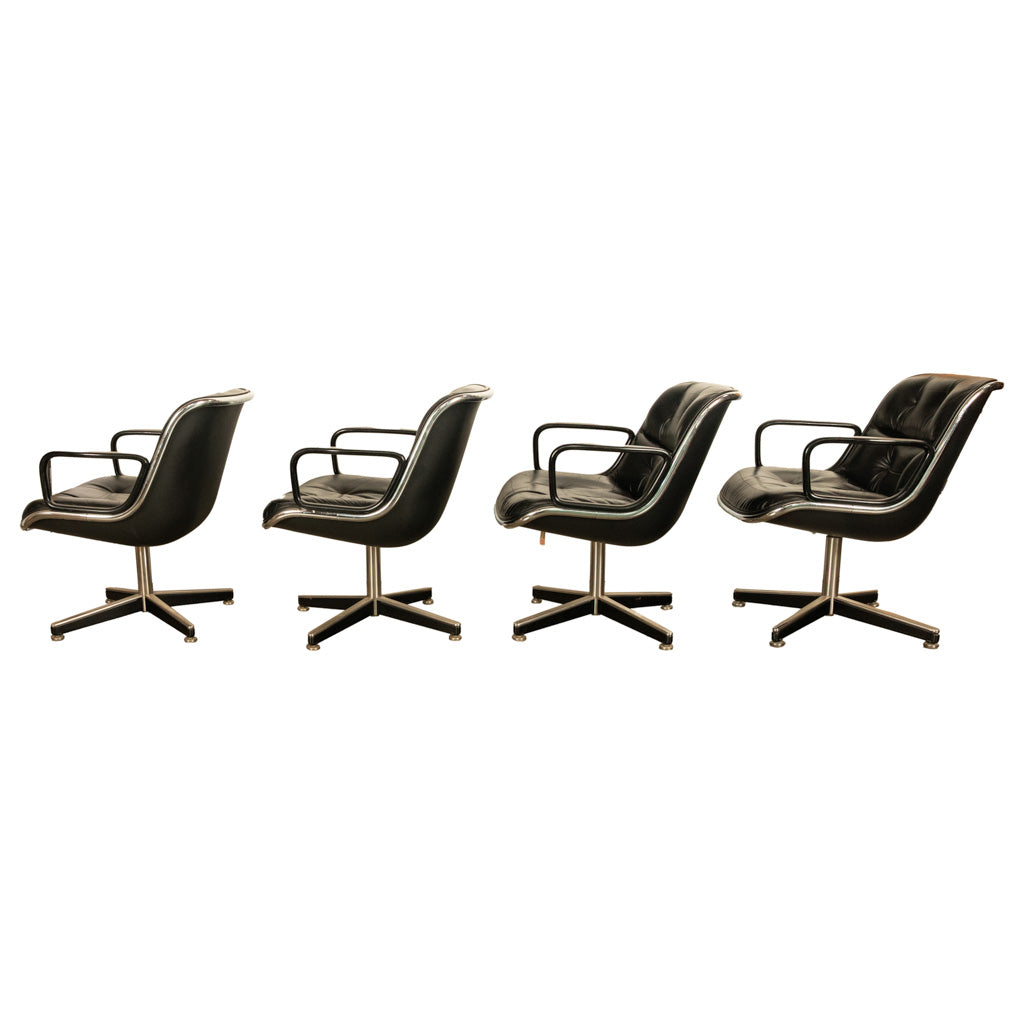 Set of 4 Mid Century Modern Charles Pollock Knoll Black Leather Executive Chairs, 1963