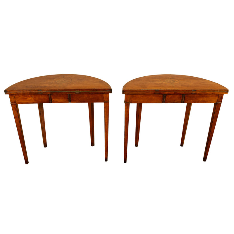 Antique Pair of Georgian Demi-lune Inlaid Mahogany & Stainwood Card Tables 1780 Ex-Christies