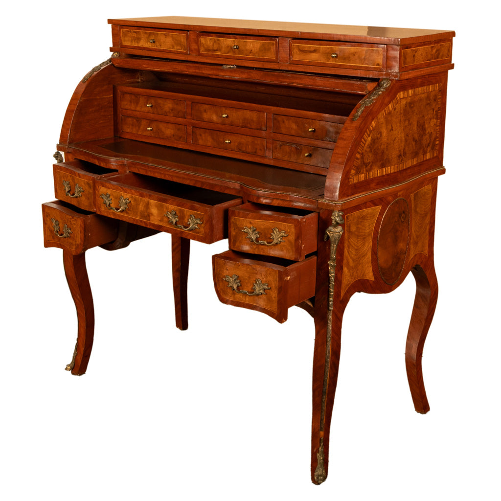 Antique French Louis XV Cylinder Marquetry & Ormolu Bureau Writing Desk 1880