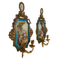 Pair Antique French Sevres Porcelain Portrait Miniatures Ormolu Wall Sconces Candle Lights 1880