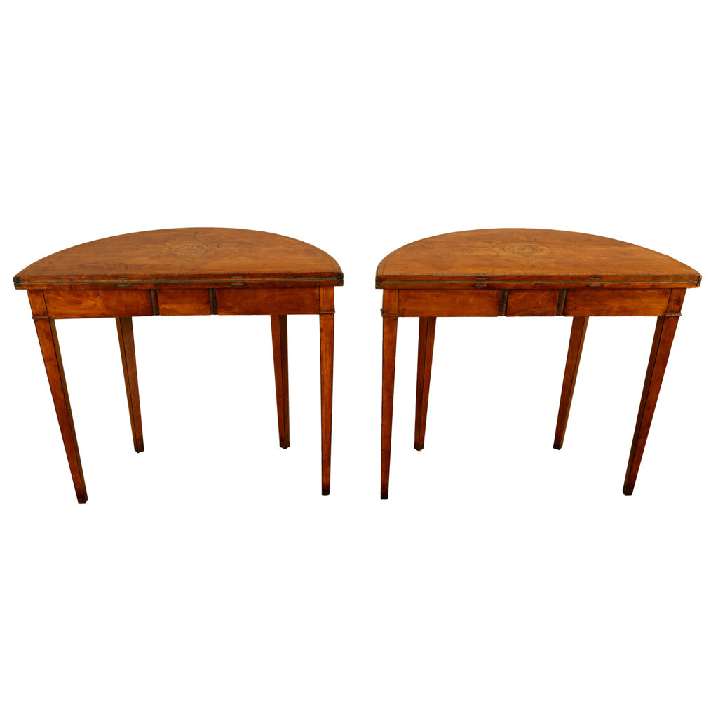 Antique Pair of Georgian Demi-lune Inlaid Mahogany & Stainwood Card Tables 1780 Ex-Christies
