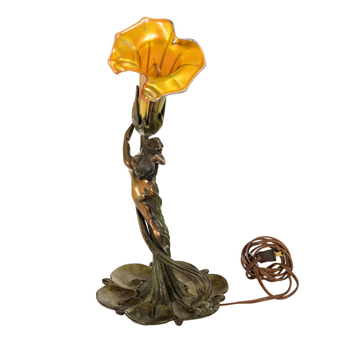 Antique Art Nouveau Austrian Bronze Figural Lamp Loetz Glass Gustav Gurschner, 1905