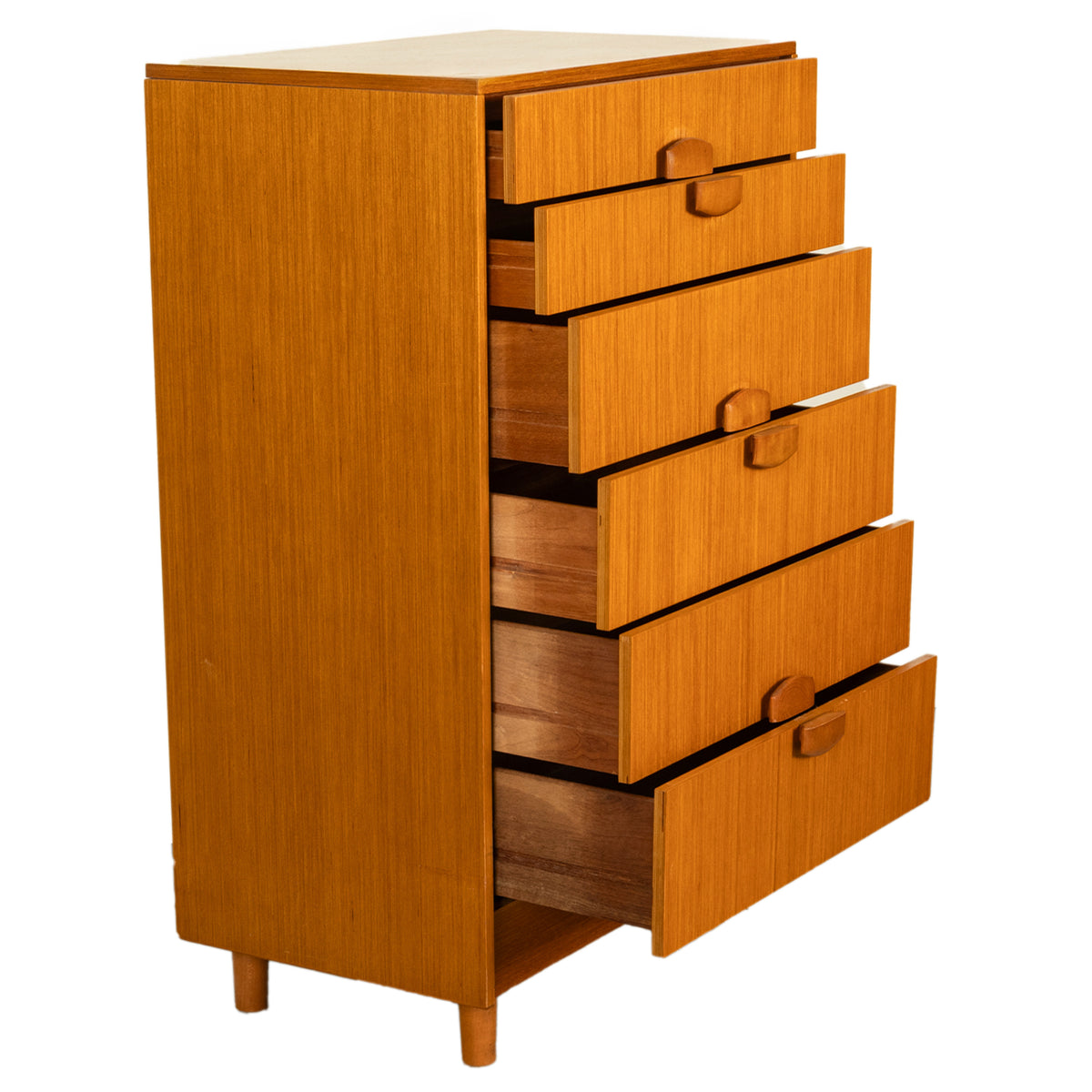 Mid Century Modern Danish Tall Boy Teak Chest of Drawers Six Drawer Dresser 1960