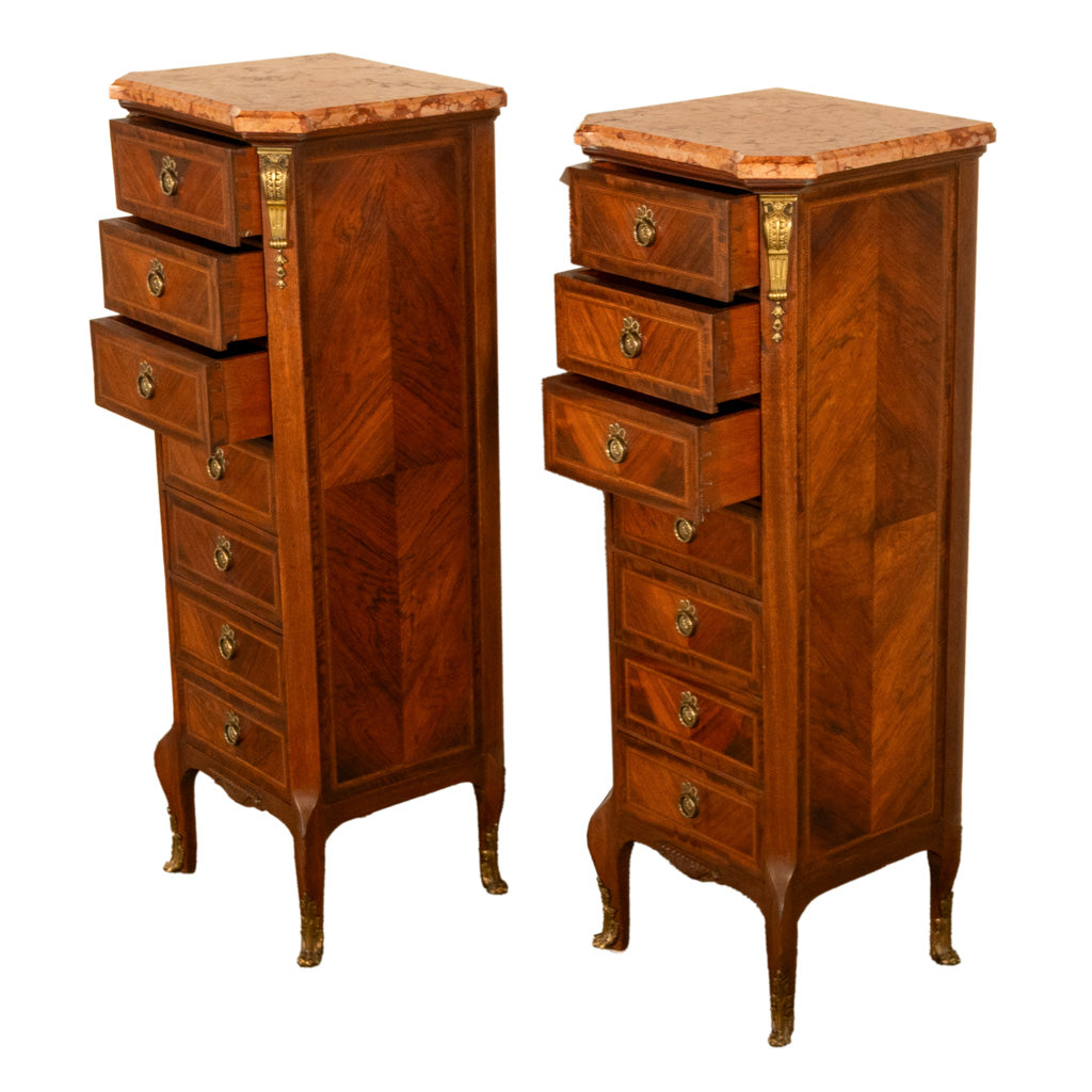 Pair Antique French Semainier Ormolu Inlaid Lingerie Marble Chests Dressers 1900
