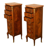 Pair Antique French Semainier Ormolu Inlaid Lingerie Marble Chests Dressers 1900