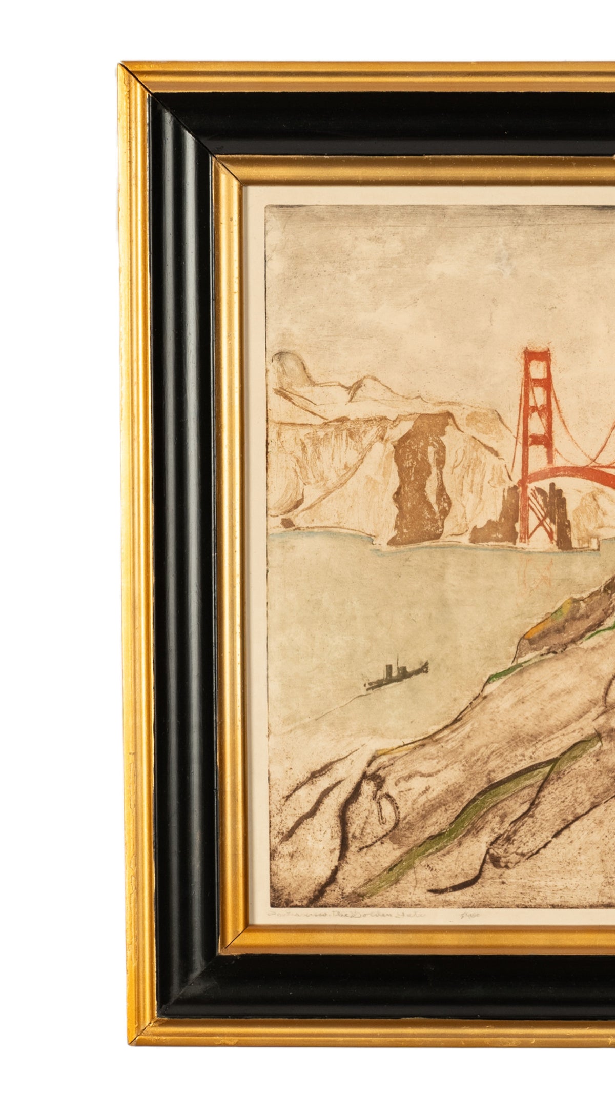 San Francisco Colored Etching Aquatint Golden Gate Bridge by Max Pollak Signed 1944