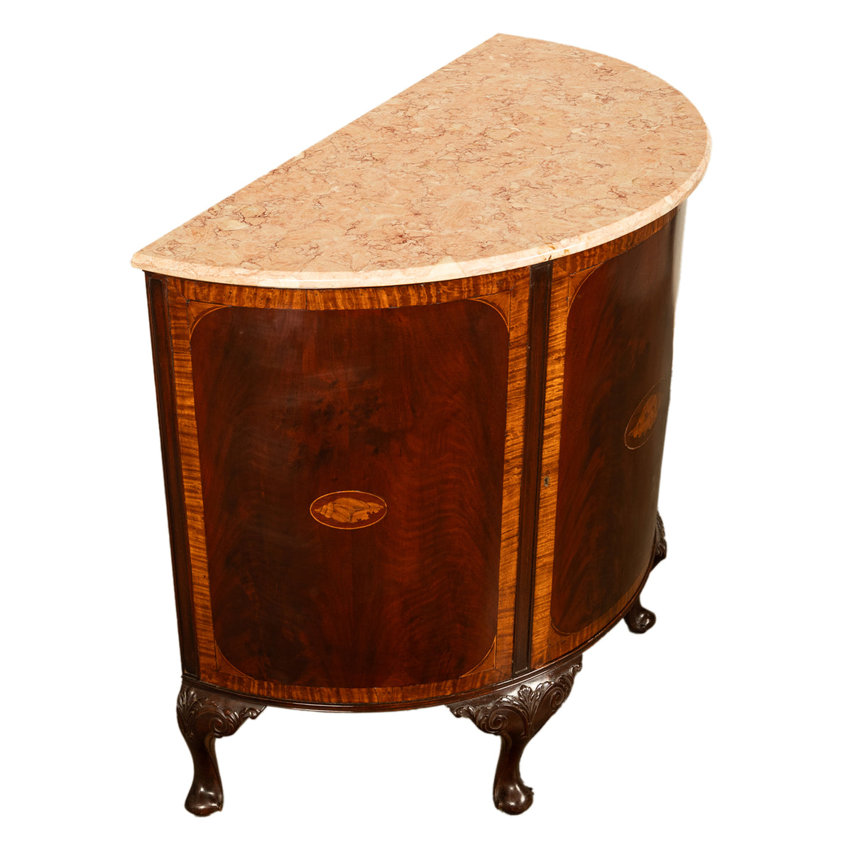 Antique Mahogany Marble Top Demi-Lune Marquetry Inlaid Drinks Cabinet or Server, Circa 1900