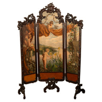 Antique French Rococo Oil Canvas Walnut Painting Landscape Cherubs Screen 1870