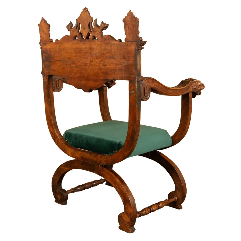 Antique Renaissance Revival Carved Walnut Green Man Savonarola Chair Circa 1890