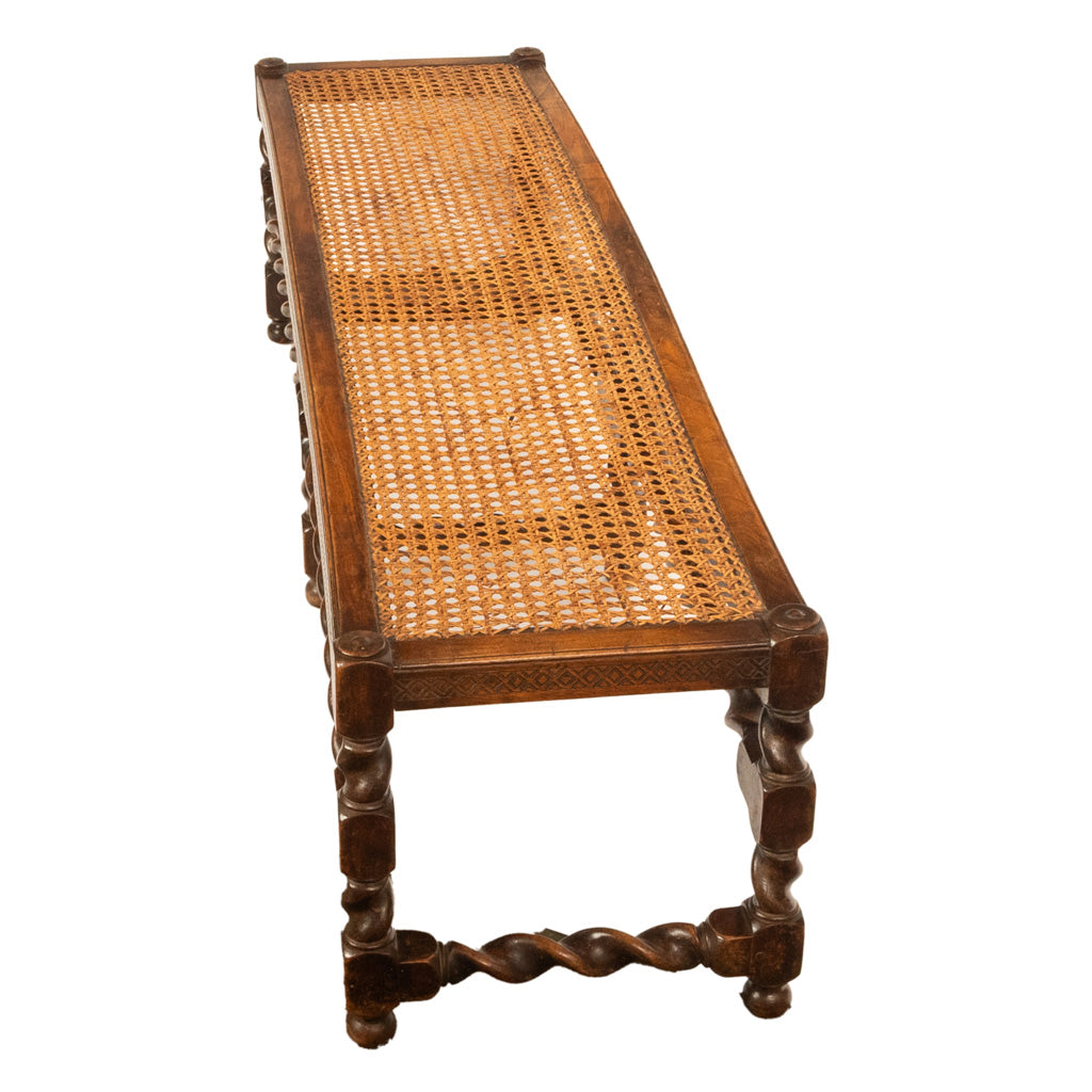Antique English Jacobean Carved Walnut Barley Twist Caned Long Bench Seat 1880