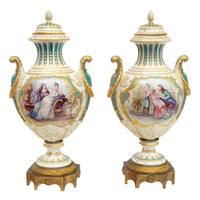 Pair Antique French Sevres Handpainted Gilded Ormolu Porcelain Urns signed 1890