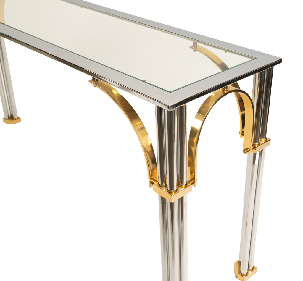 Mid Century Modern Chrome & Brass Glass Console Sofa Table by John Vesey 1960s