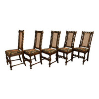 Antique 19thC Set 6 Carved Caned Jacobean Barley Twist Walnut Dining Chairs 1870
