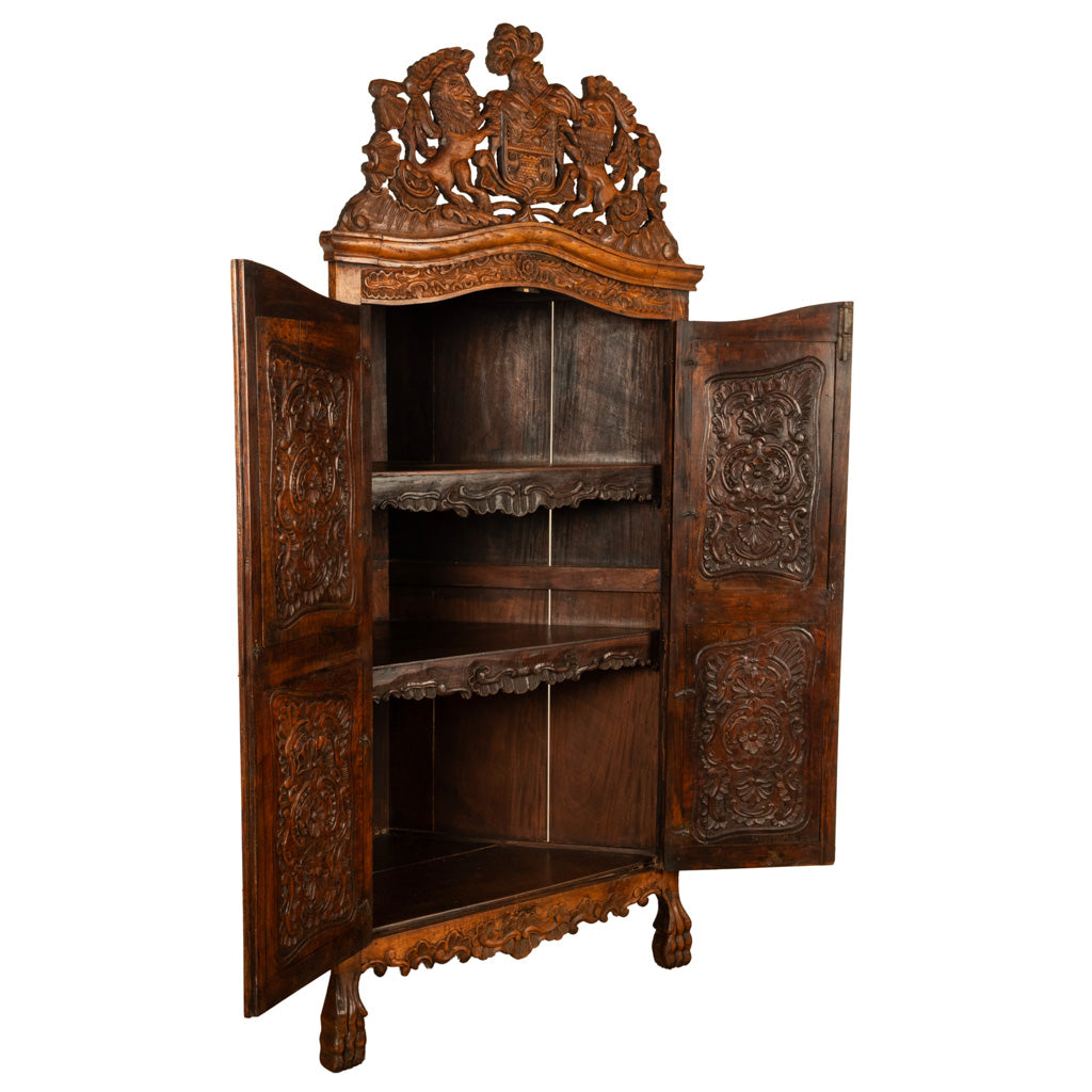 Antique 18th Century Carved Walnut Corner Cabinet Spainish Royal Coat of Arms