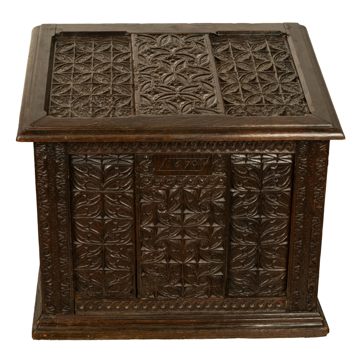 Antique French Medieval Gothic Carved Oak Chest Coffer 17th Century Panels 1679
