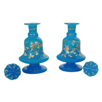 Antique Pair French Blue Opaline Gilded Enamel Glass Perfume Bottles Flacon 1850