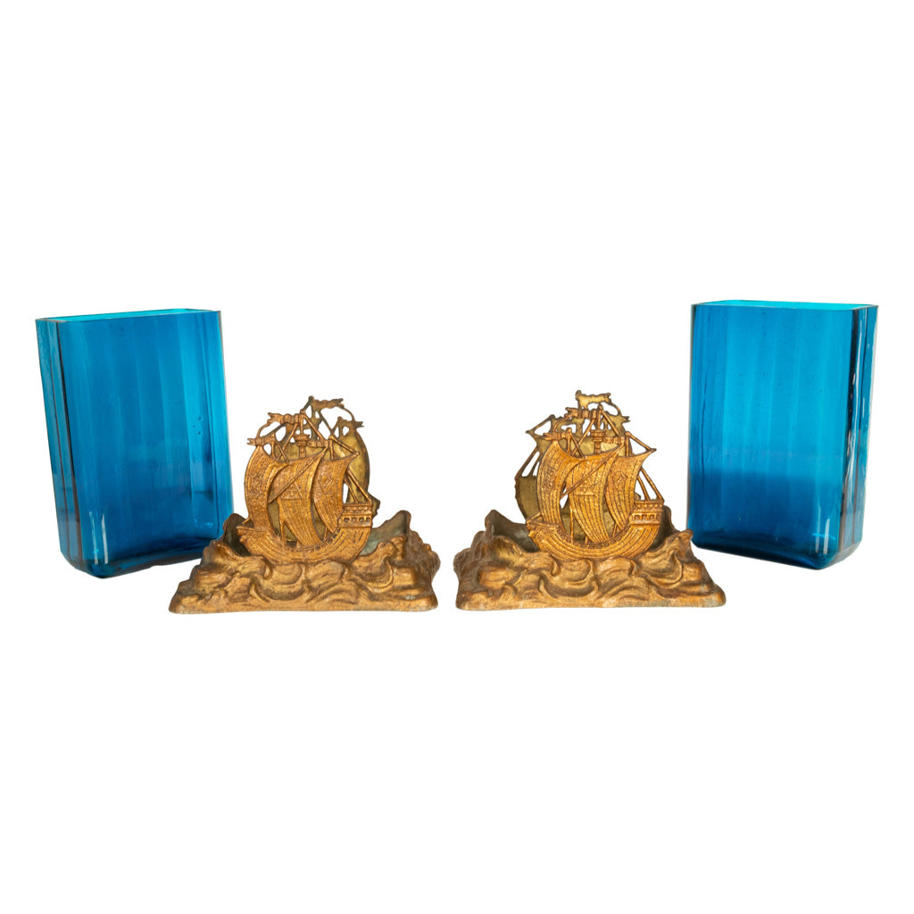 Antique American Art Deco Brass Glass Vases Ship Bookends Bradley & Hubbard 1925