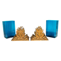 Antique American Art Deco Brass Glass Vases Ship Bookends Bradley & Hubbard 1925