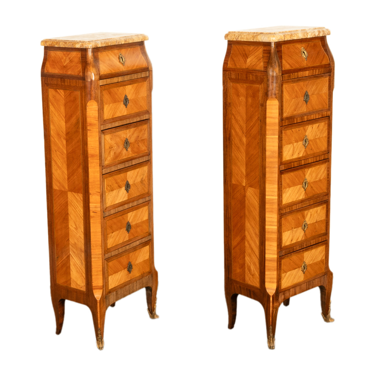 Antique Pair French Louis XV Chiffonier Marble & Kingwood Tall Lingerie Chests Circa 1880