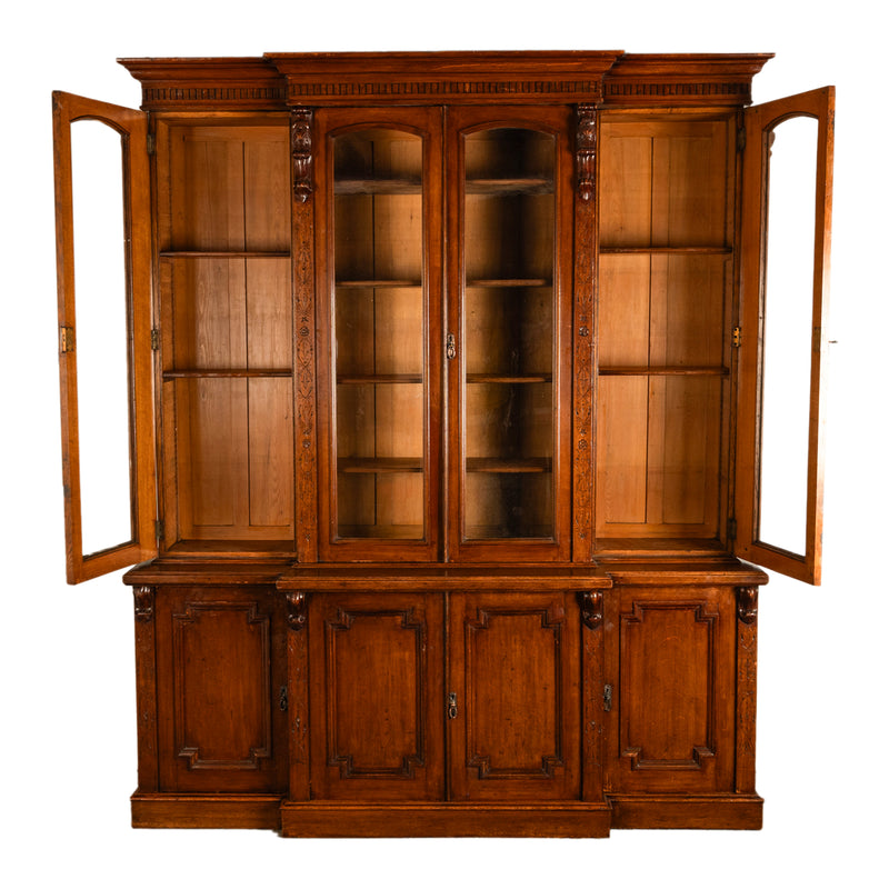 Antique Monumental Irish Carved Oak Breakfront Bookcase Library Bibliotheque circa 1860