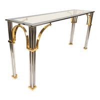 Mid Century Modern Chrome & Brass Glass Console Sofa Table by John Vesey 1960s