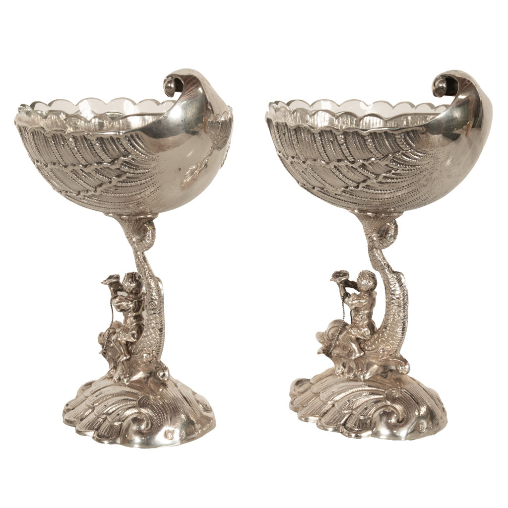 Antique Pair German Silver Master Salts Grotto Shells Putti Dolphins Hannau 1890