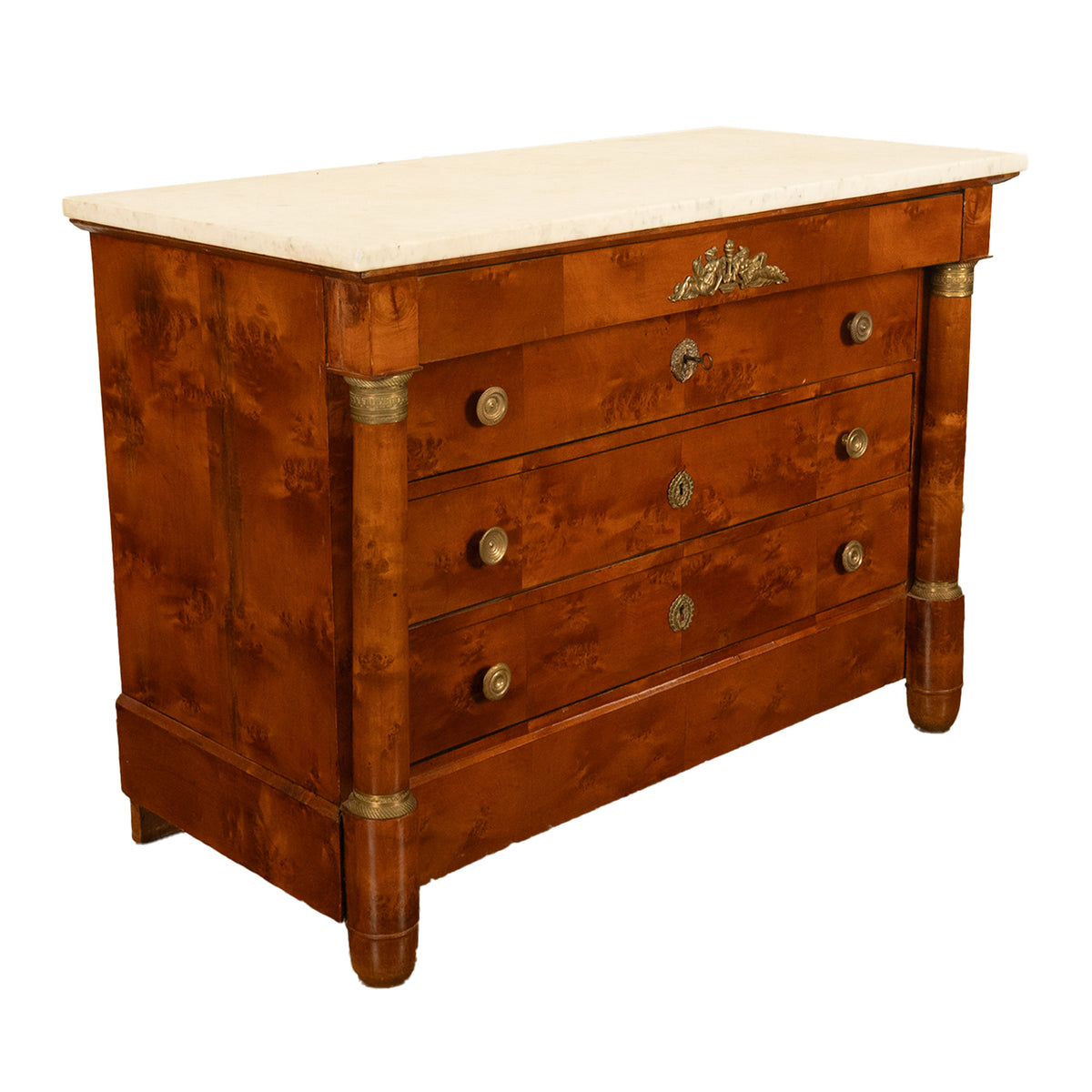 Antique 19th Century French Empire Burl Walnut Marble Ormolu Chest Drawers Commode 1810