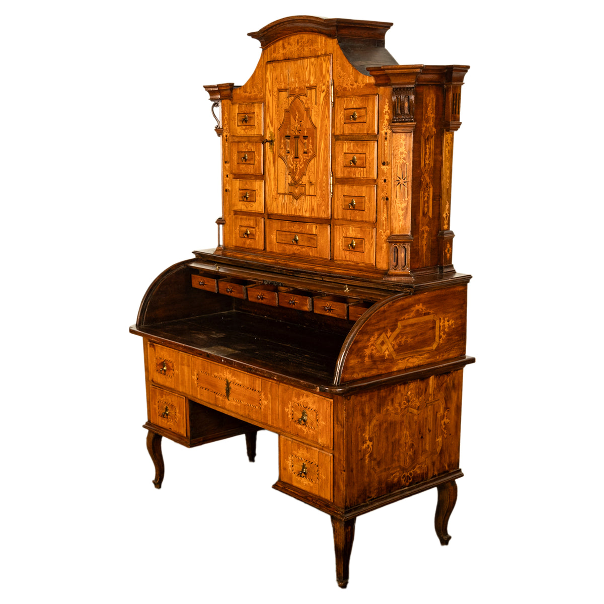 Antique Austrian Baroque Biedermeier Marquetry Roll Top Tabernacle Cabinet Desk Circa 1820