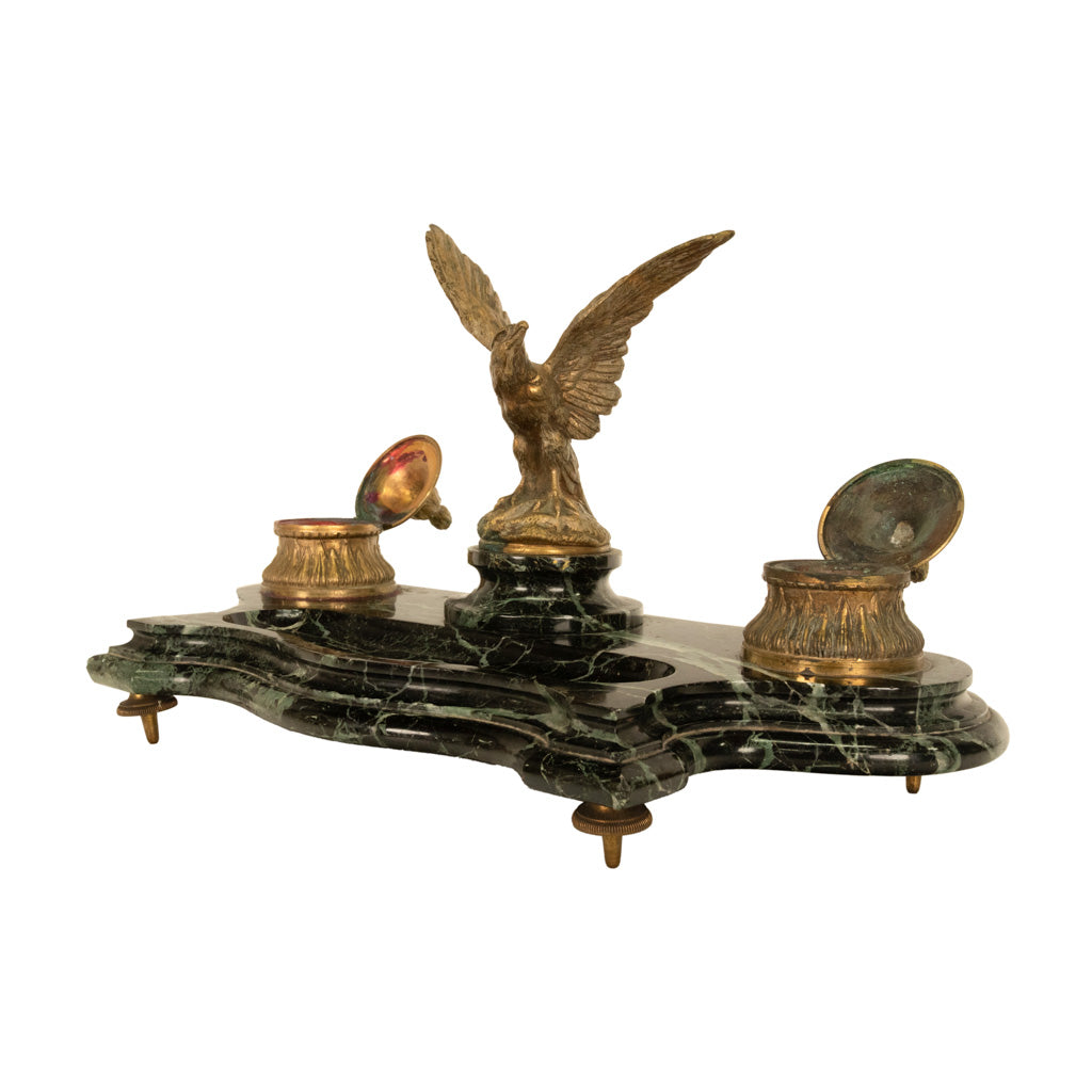Antique 19thC French Empire Gilt Bronze Marble Eagle Desk Set Twin Inkwell 1880