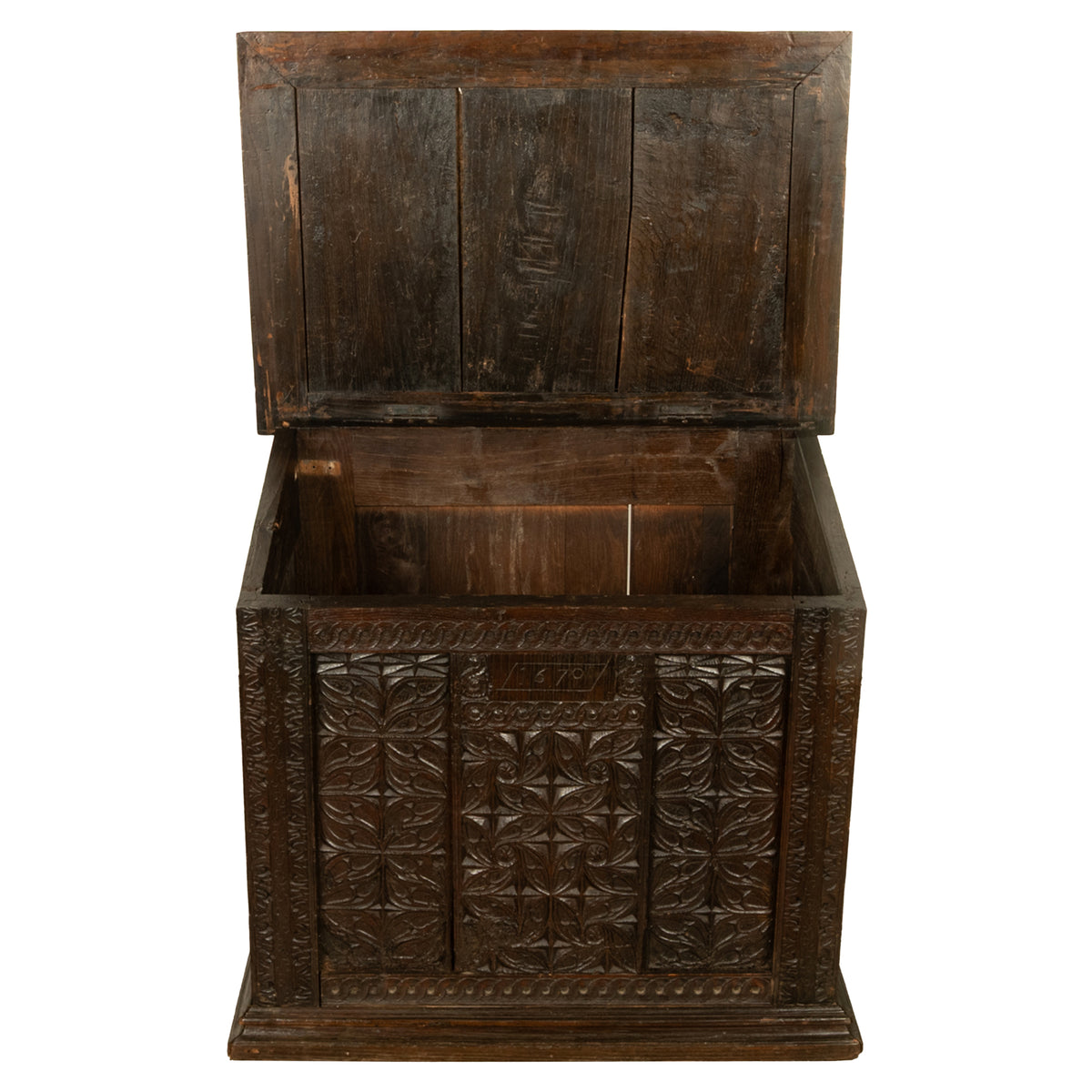 Antique French Medieval Gothic Carved Oak Chest Coffer 17th Century Panels 1679