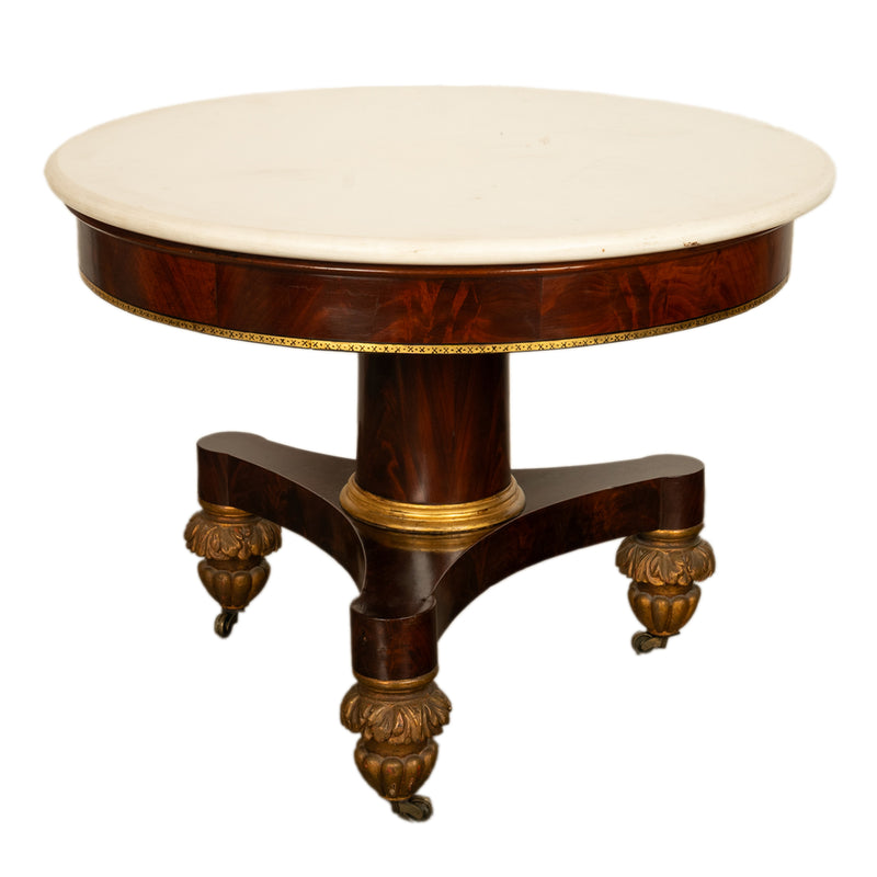 Antique American Classical Mahogany Marble Top Parcel Gilt Round Center Table New York Duncan Phyfe 1825