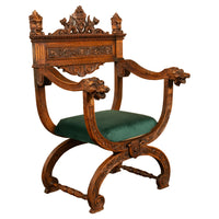 Antique Renaissance Revival Carved Walnut Green Man Savonarola Chair Circa 1890