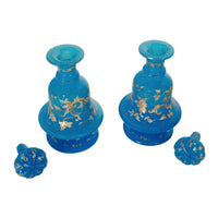 Antique Pair French Blue Opaline Gilded Enamel Glass Perfume Bottles Flacon 1850