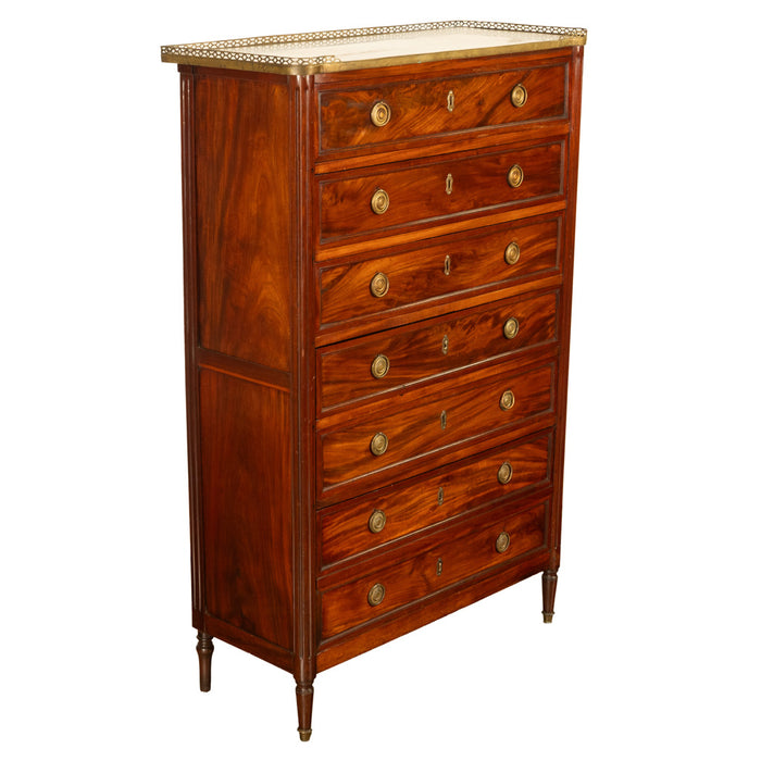 Tall Antique 19thC French Louis XVI Semainier Mahogany Marble Chest Drawers 1880