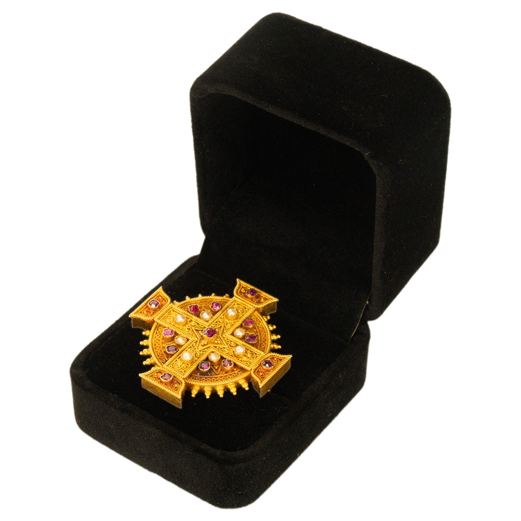 Antique Italian Etruscan Revival 22k Gold Brooch Rubies & Pearls Marchesini 1870