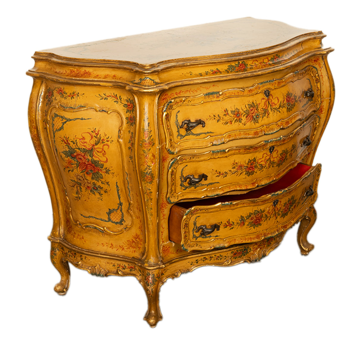 Antique 19th Century Italian Venetian Rococo Hand Painted Bombe Commode Chest of Drawers 1820