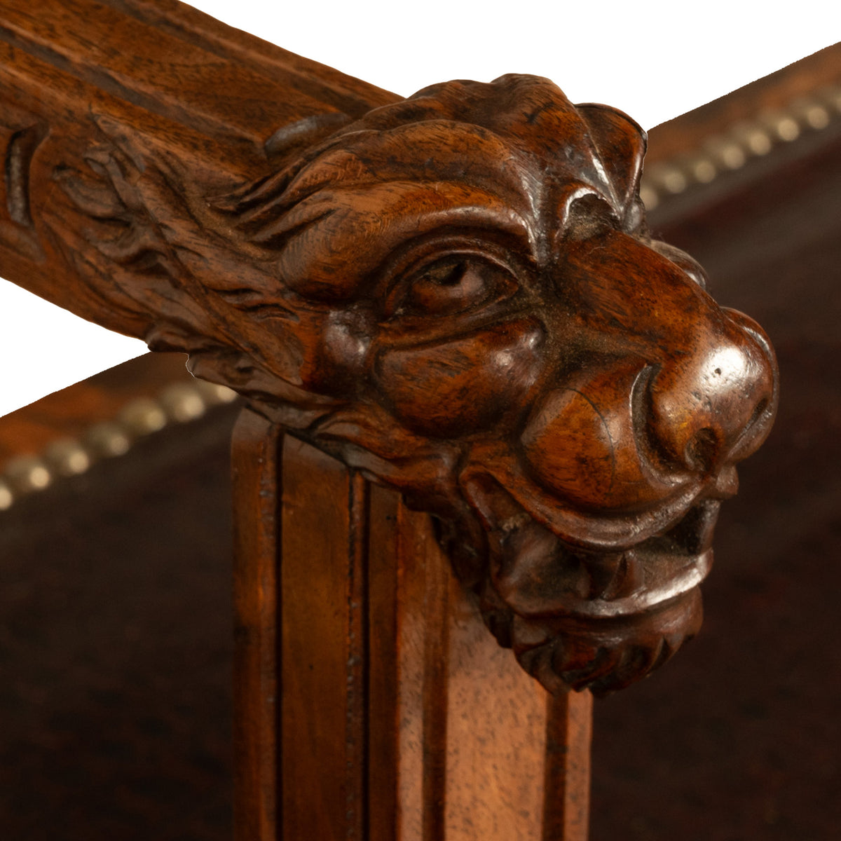 Antique Renaissance Revival Carved Walnut & Leather Hall Window Bench Italy 1880