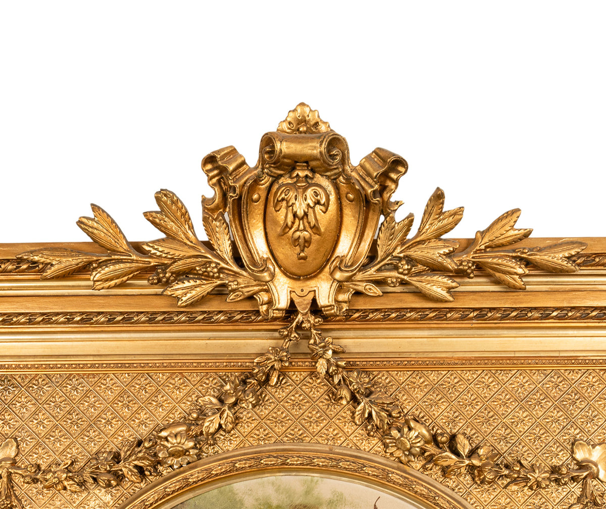 Large 6ft+ Antique Louis XV French Gilded Hand-Painted Trumeau Wall Mirror 1860