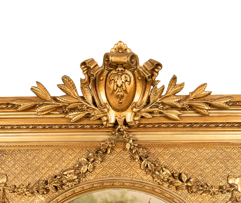 Large 6ft+ Antique Louis XV French Gilded Hand-Painted Trumeau Wall Mirror 1860