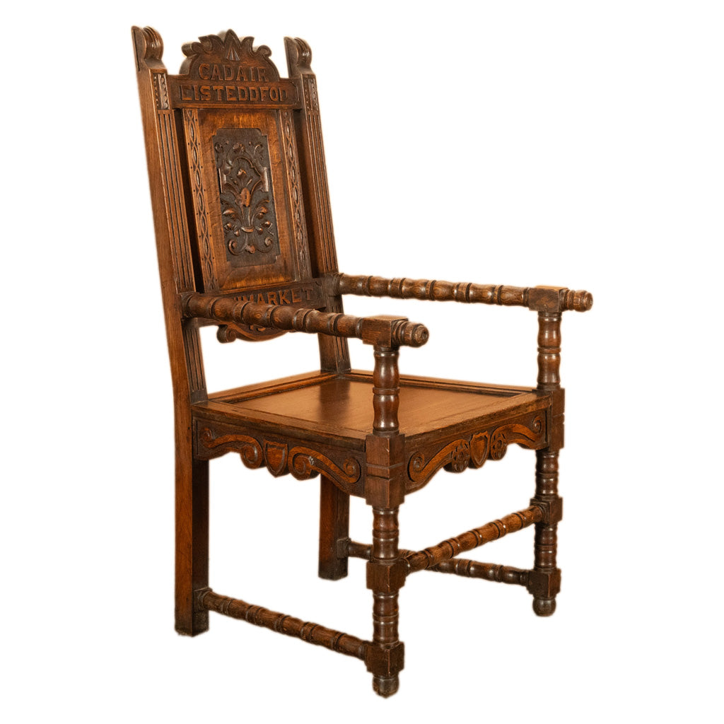Antique Welsh Carved Oak Eisteddfod Bardic Chair Newmarket Trelawnyd Wales 1901