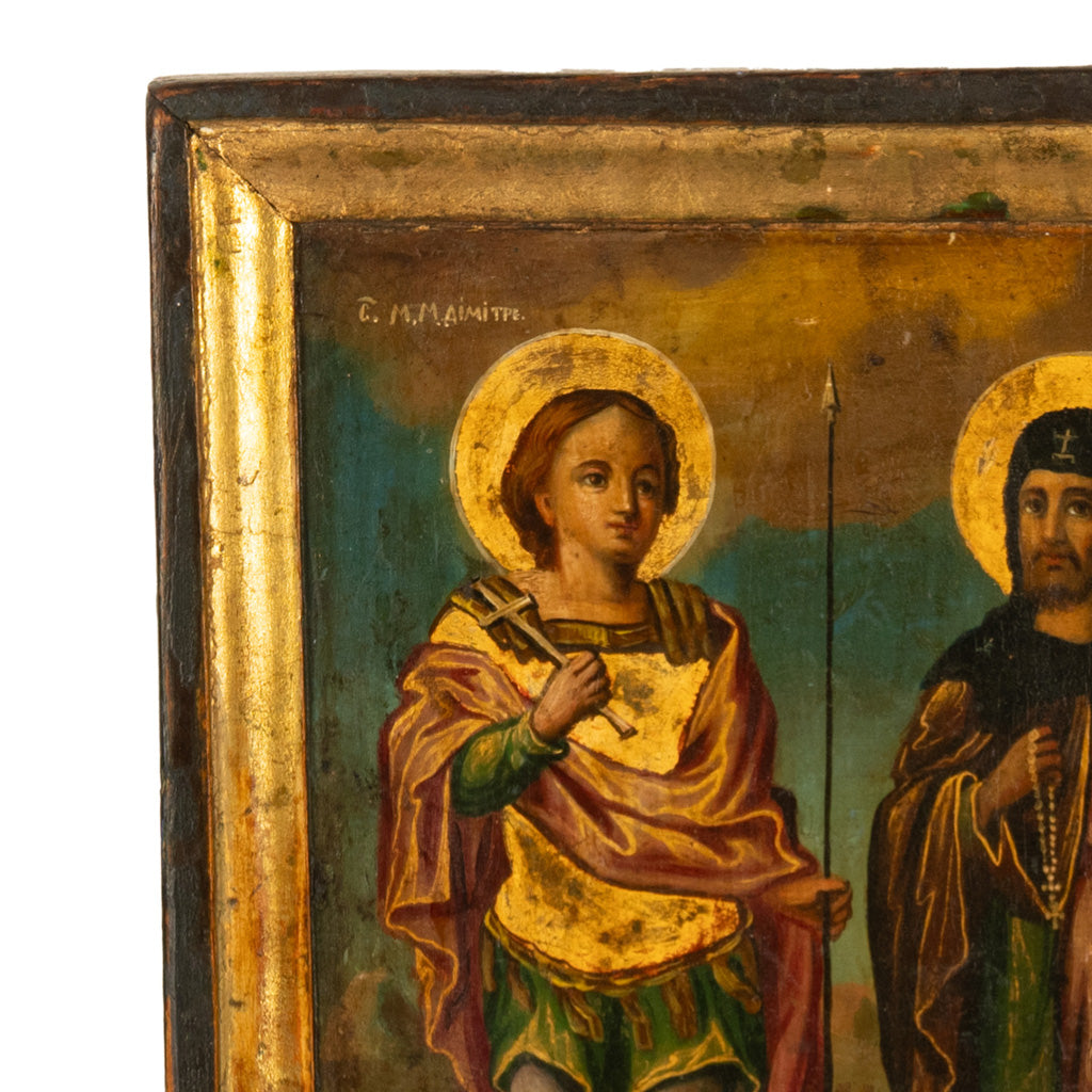 Antique Greek Orthodox Gilded Hand-painted Egg Tempera Double Sided Icon, 1850