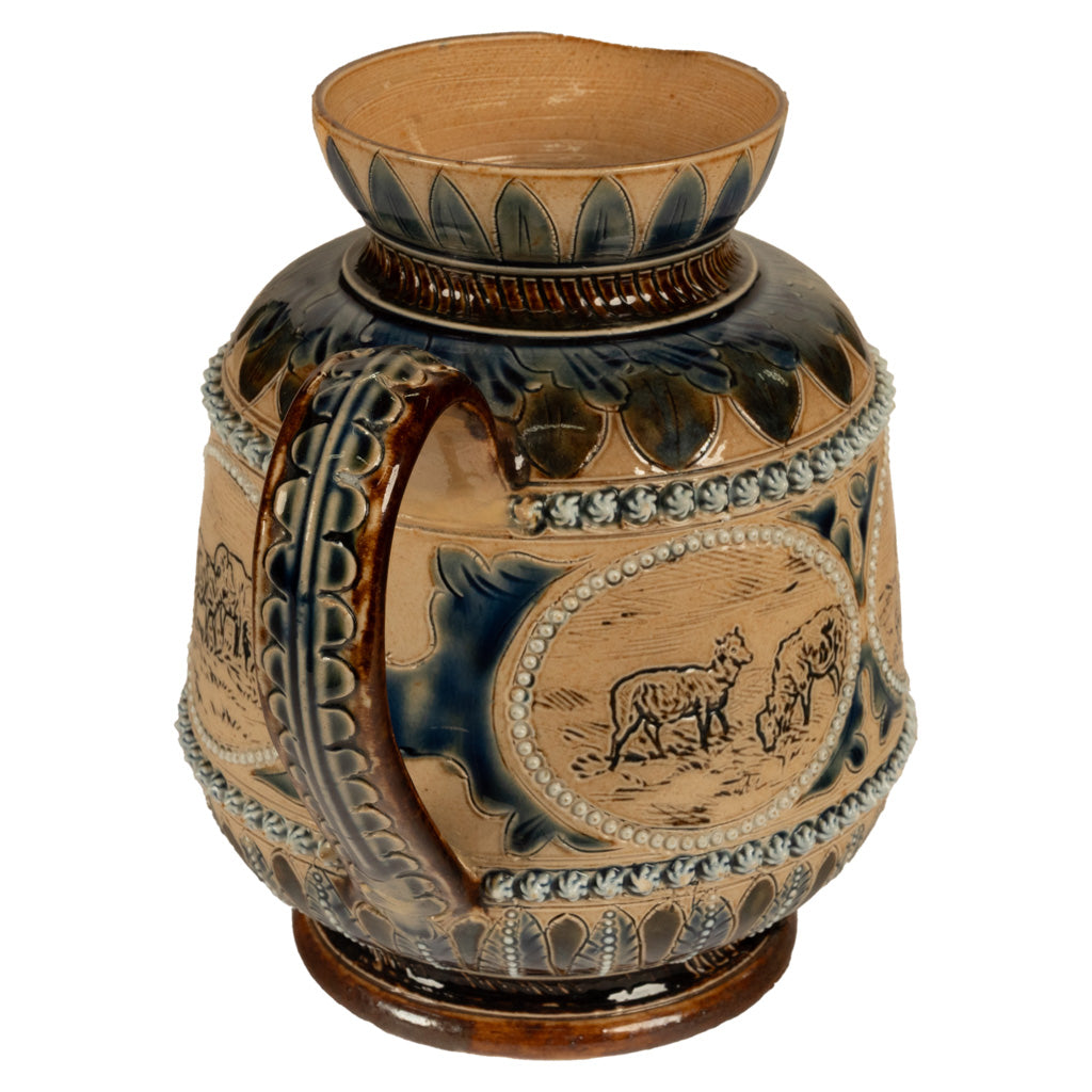 Antique Aesthetic Movement Doulton Lambeth Hannah Barlow Stoneware Jug Sheep, 1873