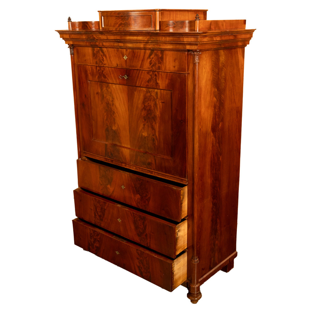 Antique Austrian Flame Mahogany Inlaid Rosewood Biedermeier Secretary Chest 1820