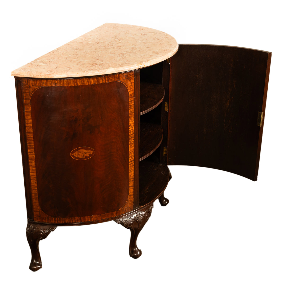 Antique Mahogany Marble Top Demi-Lune Marquetry Inlaid Drinks Cabinet or Server, Circa 1900