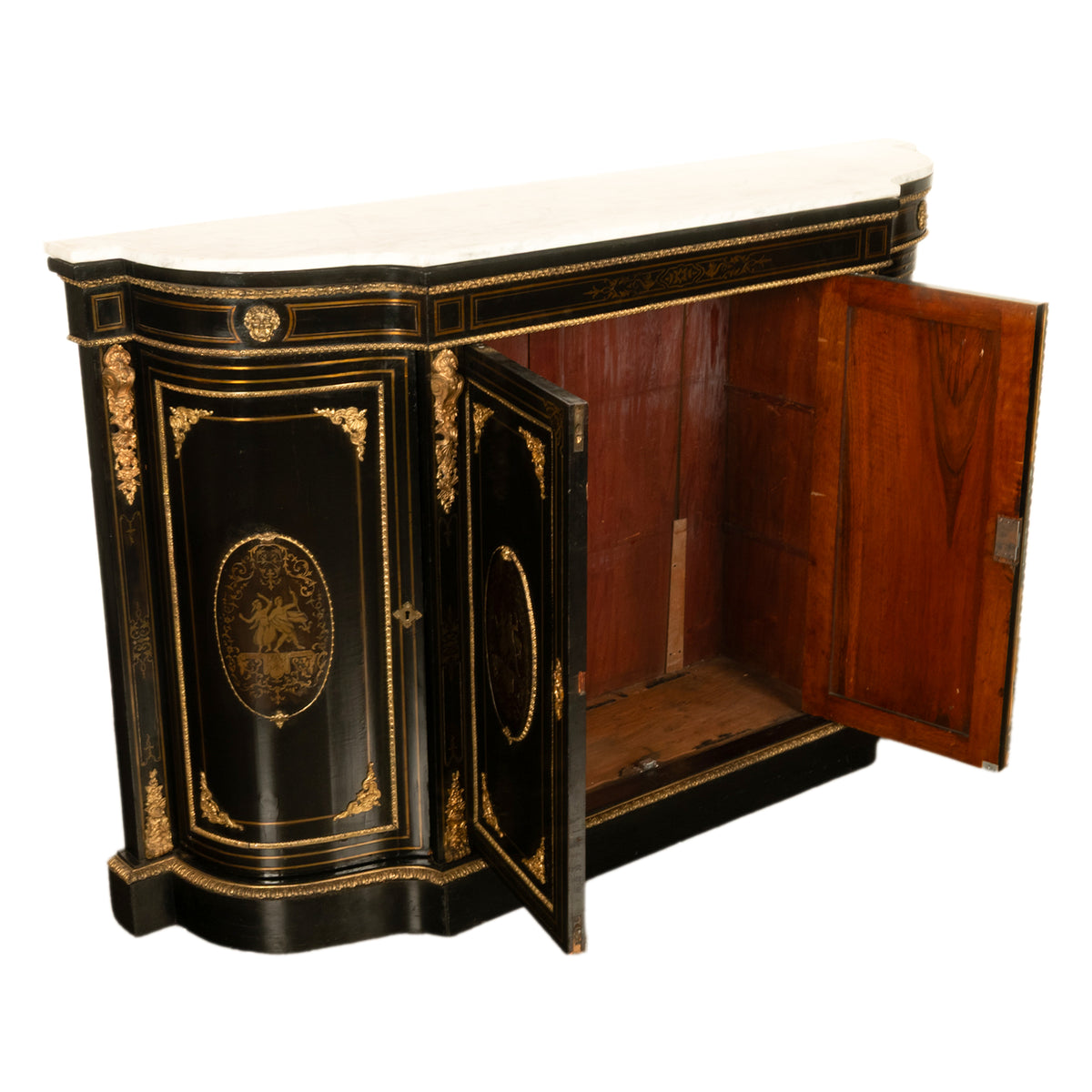 19th Century French Napoleon III Ormolu & Marble Ebonized Cabinet Sideboard 1860