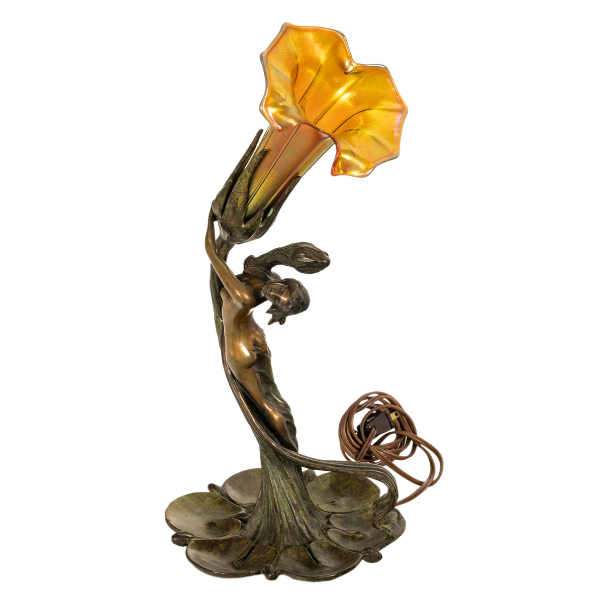 Antique Art Nouveau Austrian Bronze Figural Lamp Loetz Glass Gustav Gurschner, 1905