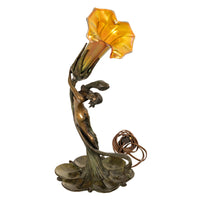 Antique Art Nouveau Austrian Bronze Figural Lamp Loetz Glass Gustav Gurschner, 1905