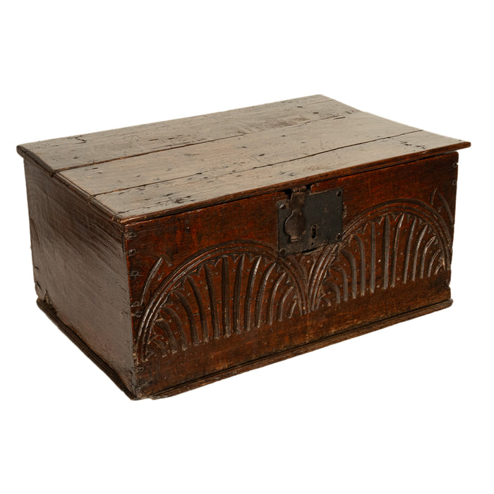Antique 17th Century Charles II Carved Oak Bible Document Box 6 Plank Trunk 1680