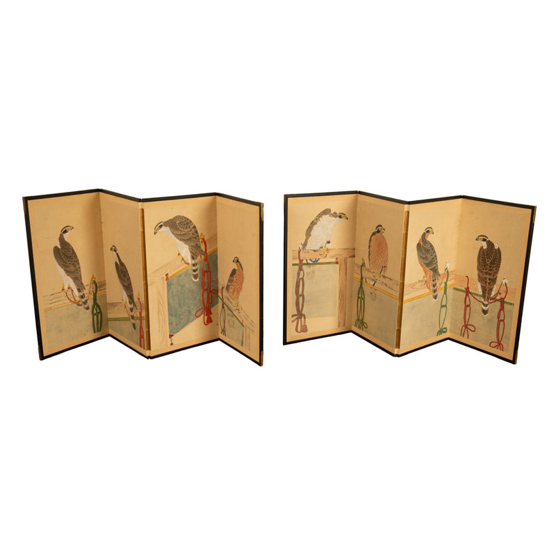 Pair Antique Japanese Edo Falcon Hawk Birds of Prey Takagari Screens 1880