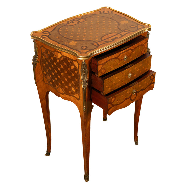 Antique French Marquetry Ormolu Side Table 3 Drawer Cabinet Commode Paul Sormani